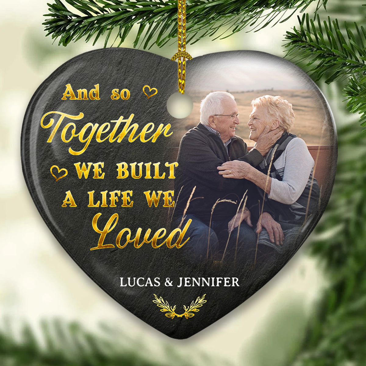 Custom Photo Couple Christmas Ornament, Anniversary Gift • My Favorite Place Is Next To You - Personalized Heart Ceramic Ornament