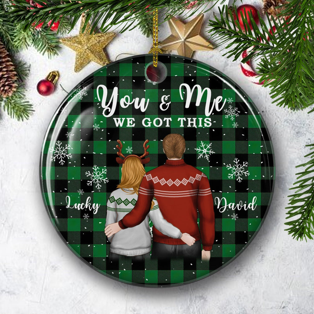 Custom Couple Christmas Ornament, Anniversary Gift •  You And Me 2 - Personalized Circle Ceramic Christmas Ornament