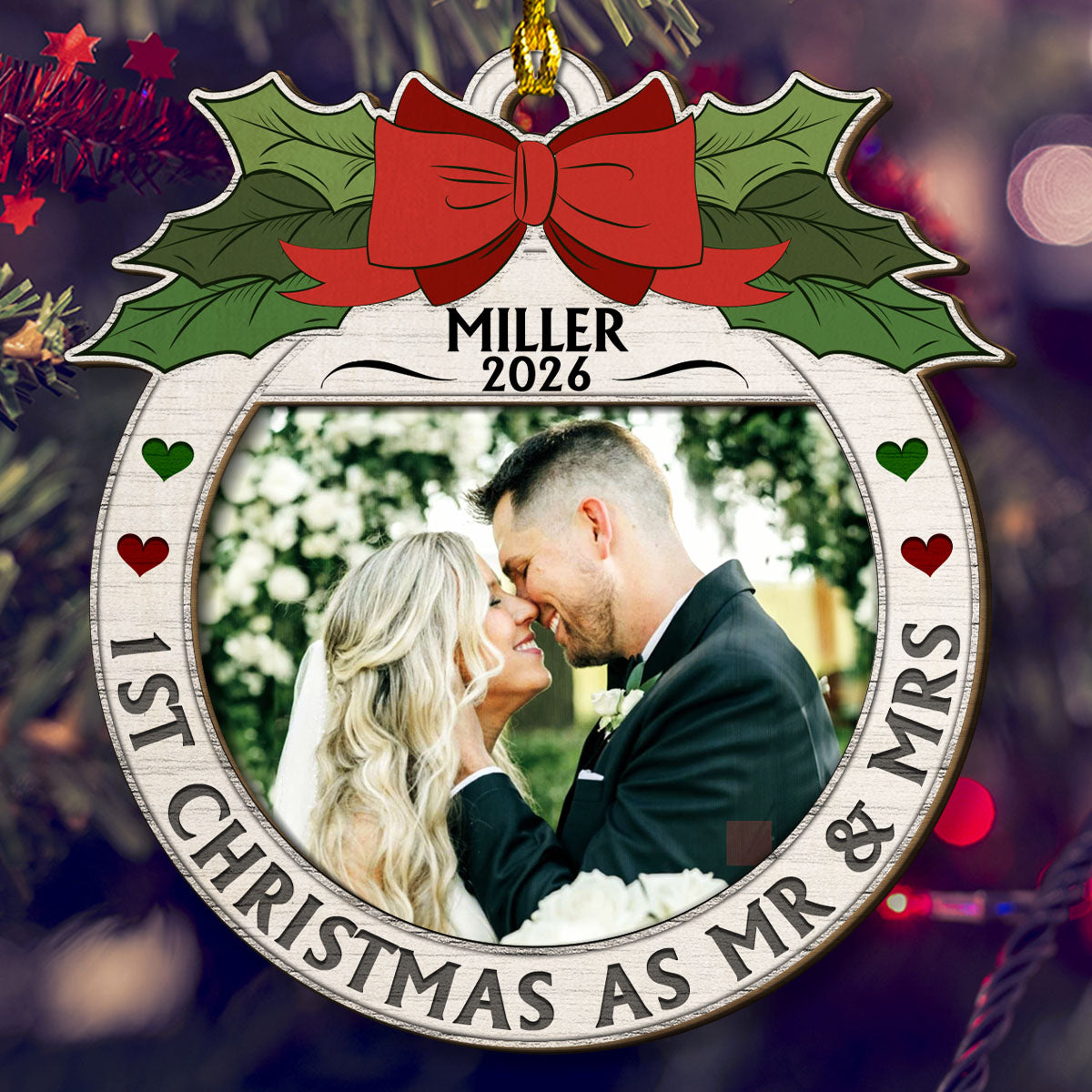 Custom Photo First Christmas Ornament Married, Gift for Newlyweds • First Christmas Married - Personalized 2-layered Wood Ornament