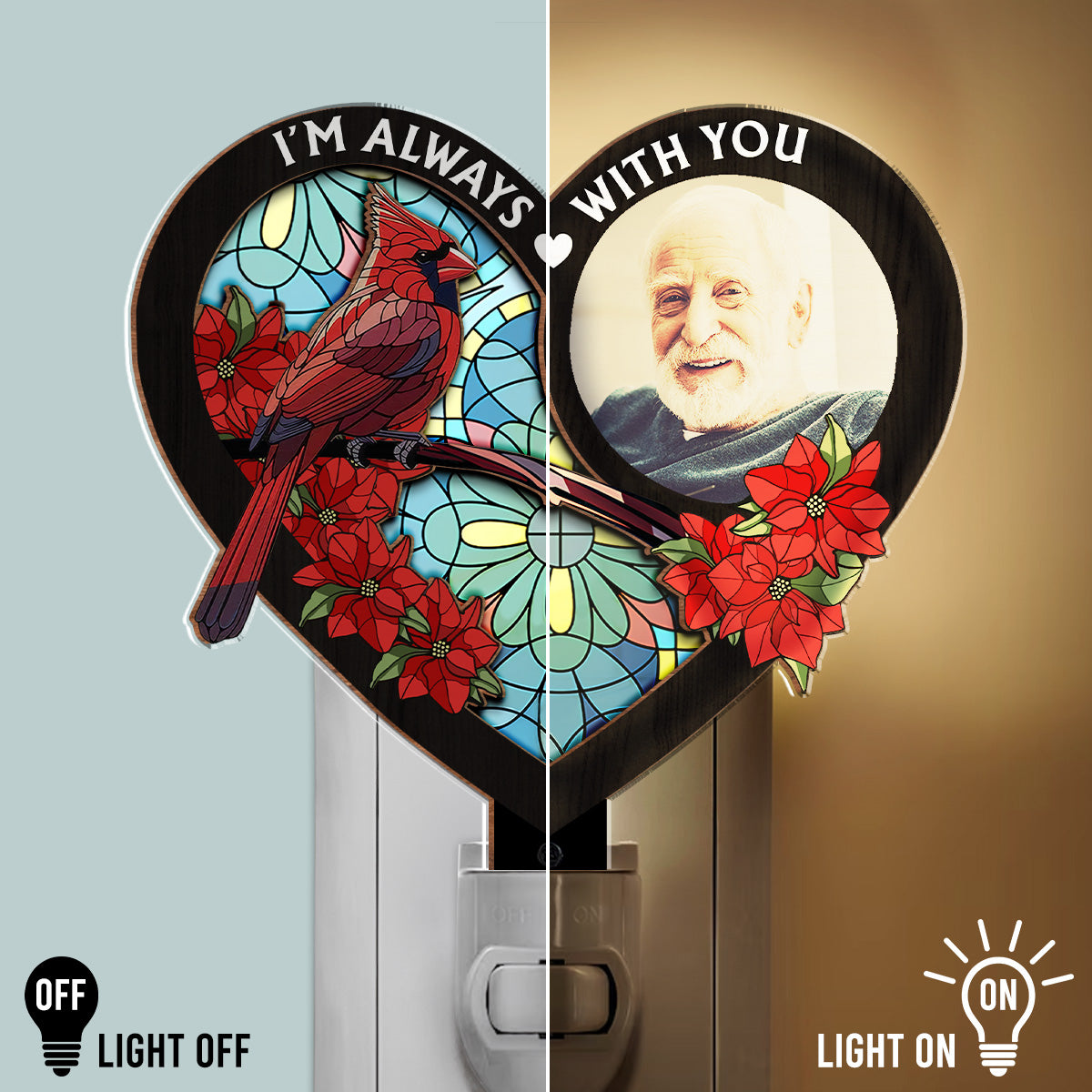 Custom Photo Led Light Gift, Family Keepsake • Always With You Memorial Heart - Personalized Wood And Acrylic Night Light