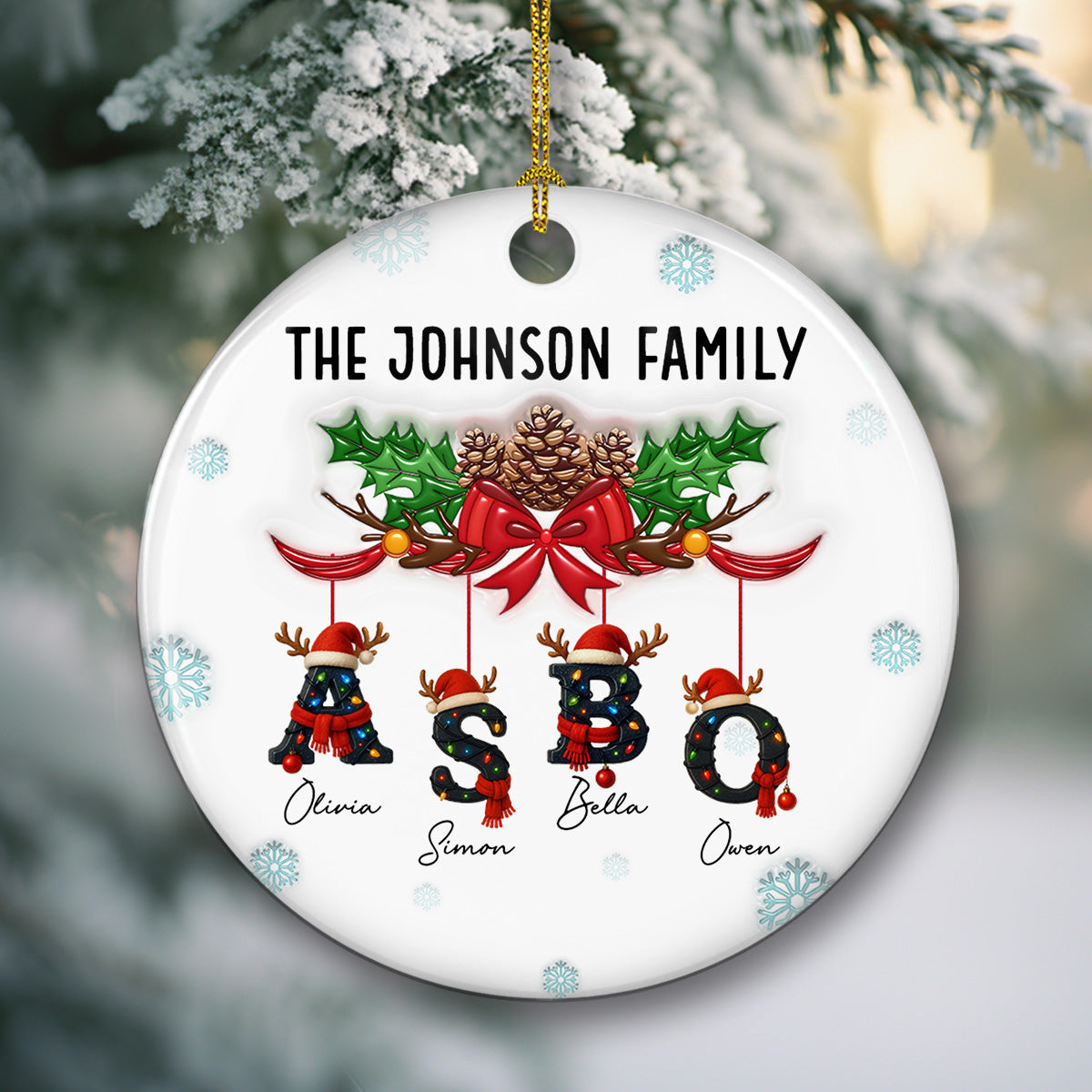 Custom Family Ornament, Christmas Gift for Family Members •  Family Name With Christmas Alphabet - Personalized 3D Inflated Effect Ceramic Ornament