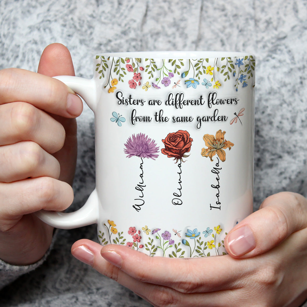 Custom Christmas & Birthday Gift For Sister • Sisters Are Different Flowers From The Same Garden - Personalized 3D Inflated Effect Coffee Mug