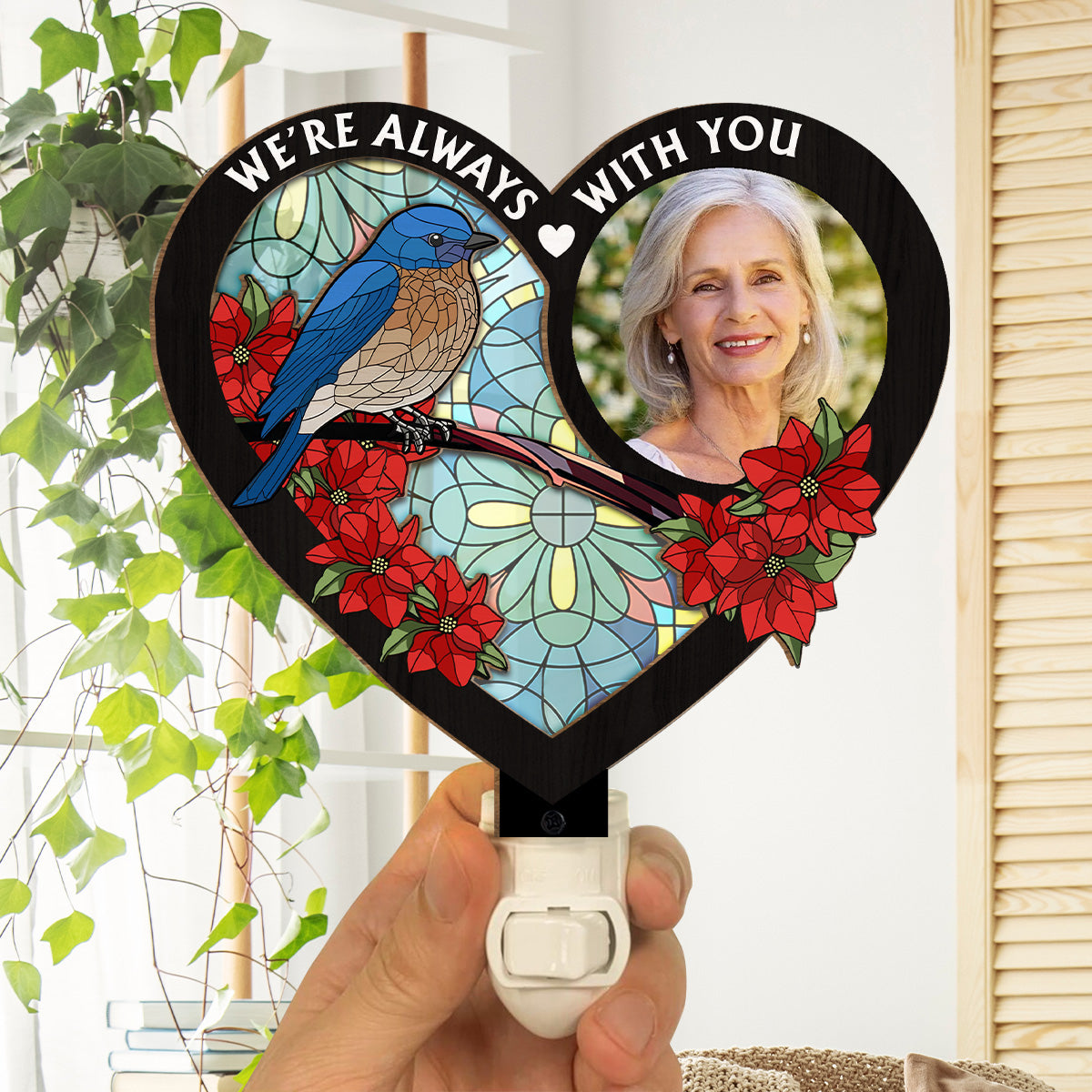 Custom Photo Led Light Gift, Family Keepsake • Always With You Memorial Heart - Personalized Wood And Acrylic Night Light