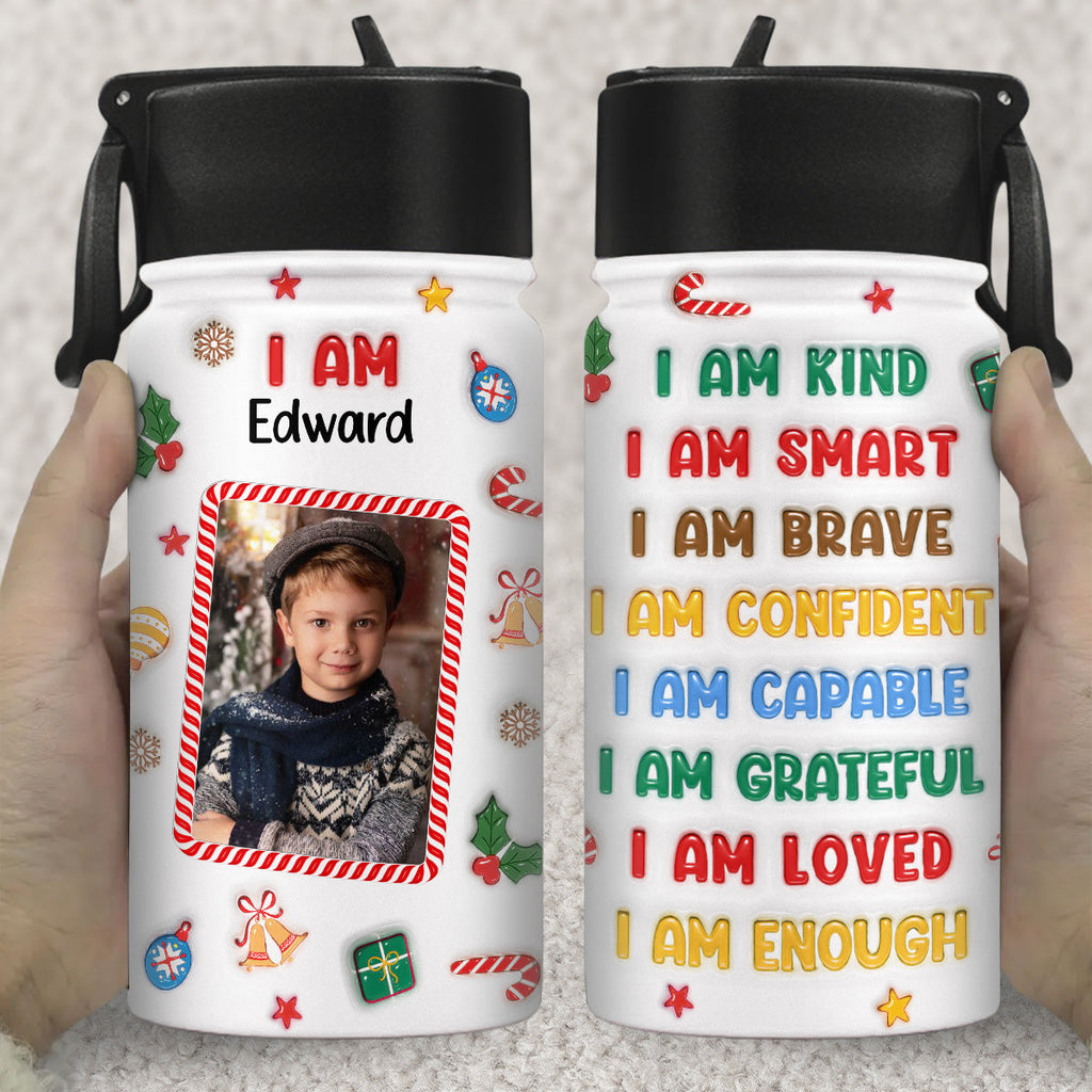 Kind Smart Loved Christmas Photo - Personalized 3D Inflated Effect Kids Water Bottle