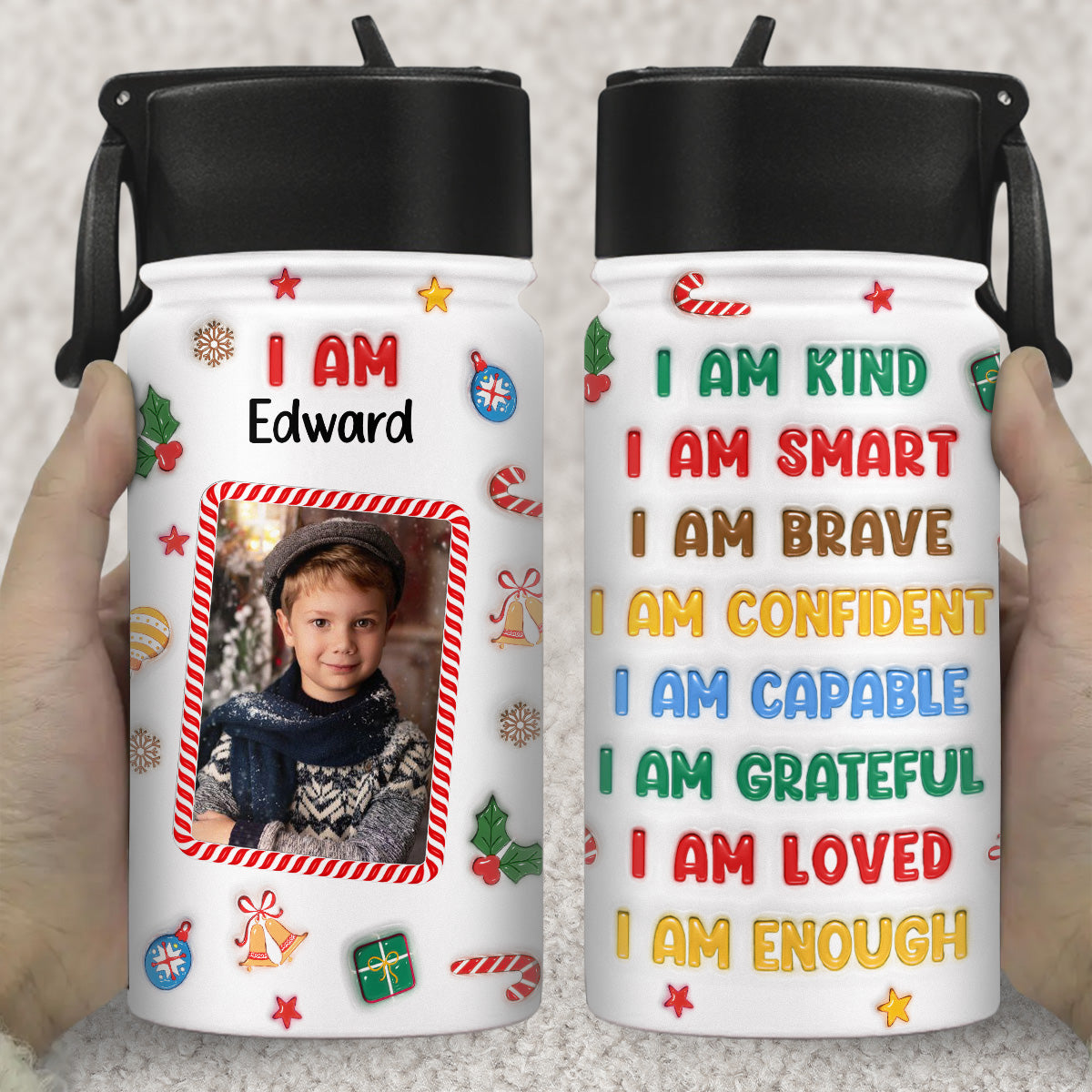 Kind Smart Loved Christmas Photo - Personalized 3D Inflated Effect Kids Water Bottle