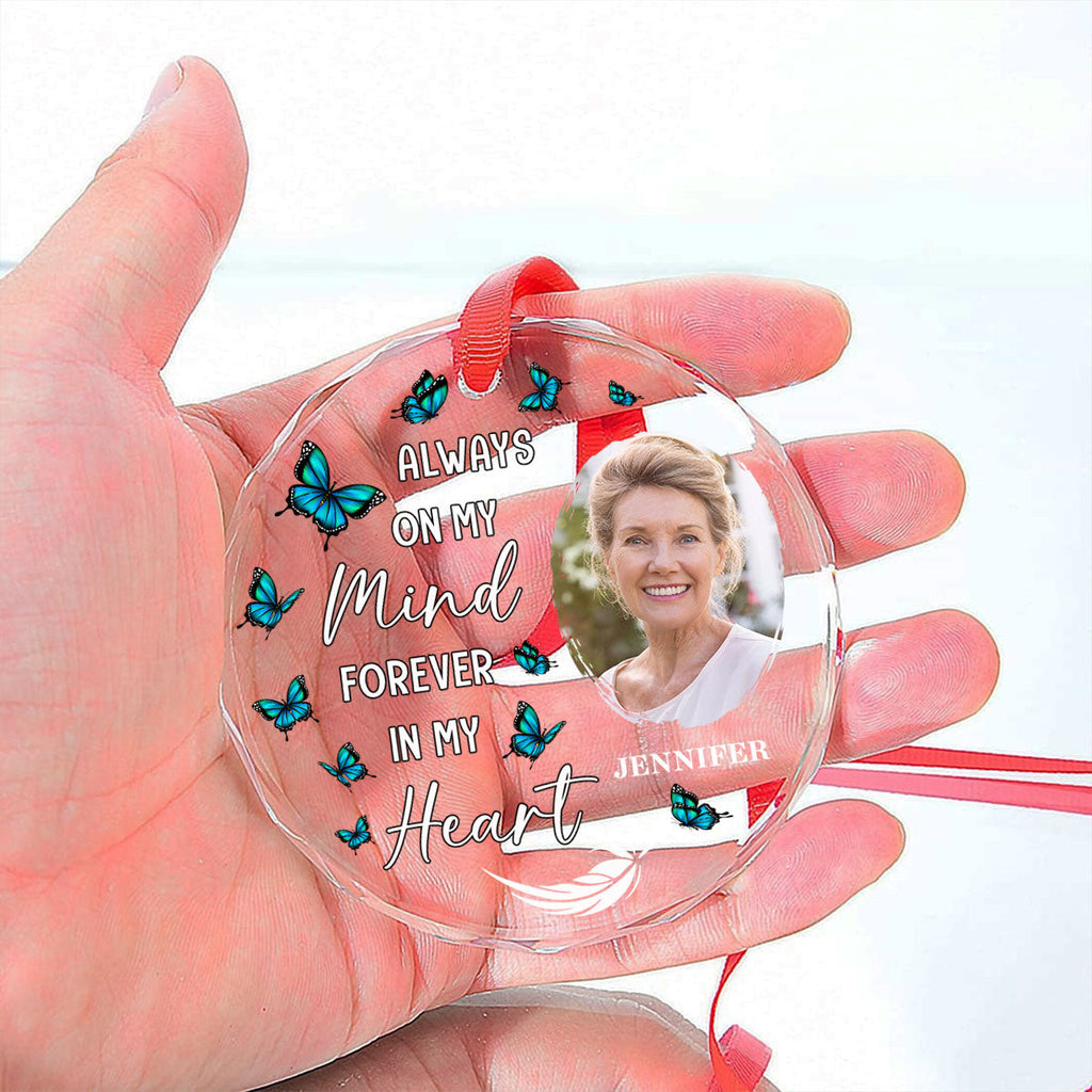 Custom Photo Memorial Christmas Ornament, Sympathy Keepsake • Always On My Mind - Personalized Glass Ornament