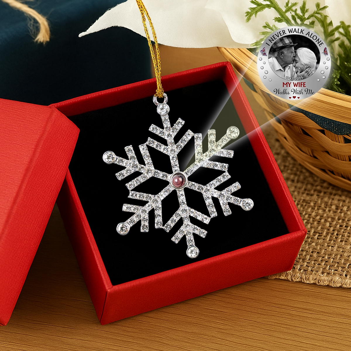 Custom Photo Memorial Christmas Ornament, Sympathy Keepsake • I Never Walk Alone - Personalized Photo Snowflake Projection Ornament