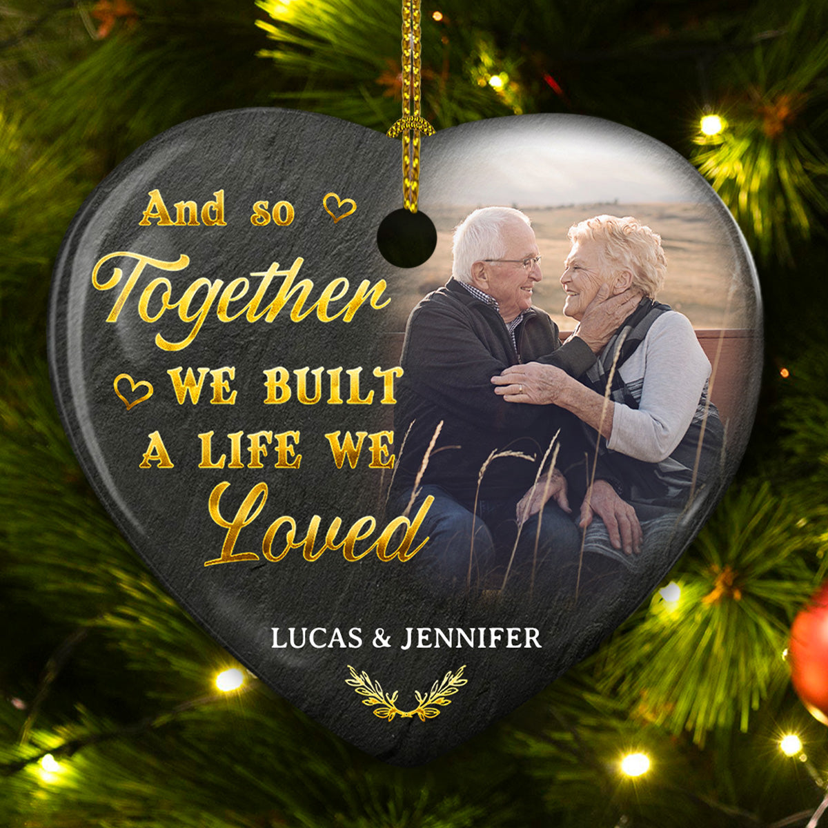 Custom Photo Couple Christmas Ornament, Anniversary Gift • My Favorite Place Is Next To You - Personalized Heart Ceramic Ornament