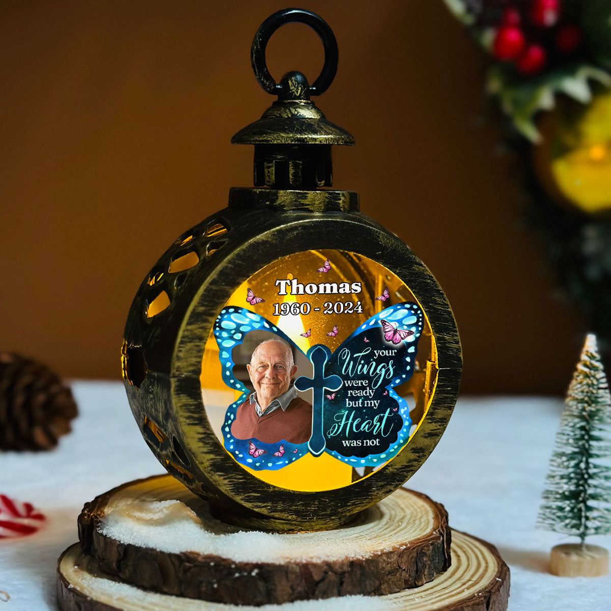 Custom Photo Memorial Christmas Night Light, Remembrance Gifts • Your Wings Were Ready - Personalized Christmas Lantern