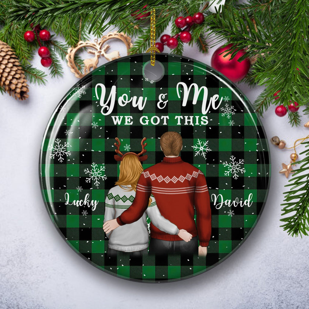 Custom Couple Christmas Ornament, Anniversary Gift •  You And Me 2 - Personalized Circle Ceramic Christmas Ornament