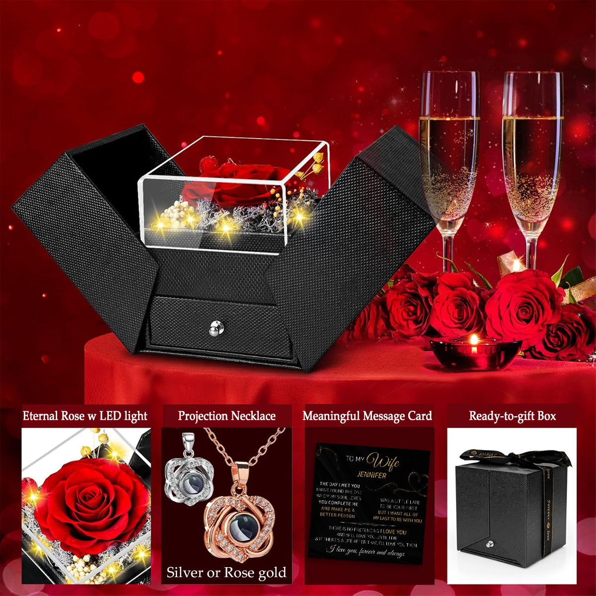 The Day I Met You - Personalized Preserved Rose With Projection Necklace