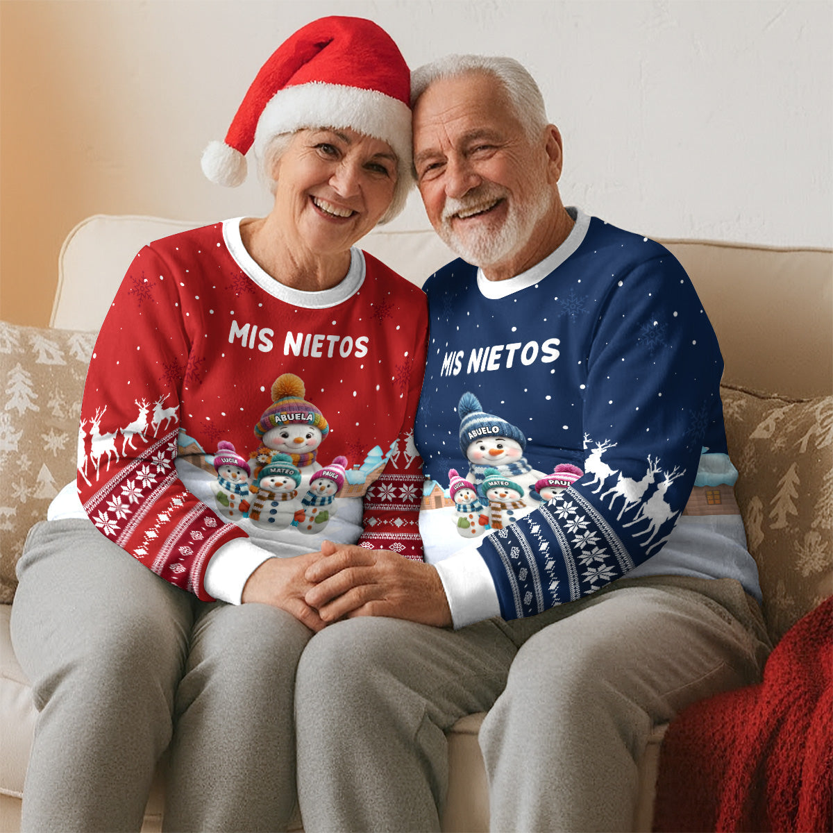 Custom Grandma Christmas Sweatshirt, Gift for Mothers • Los Nietos Tejen - Sudadera Personalizada Con Estampado Integral
