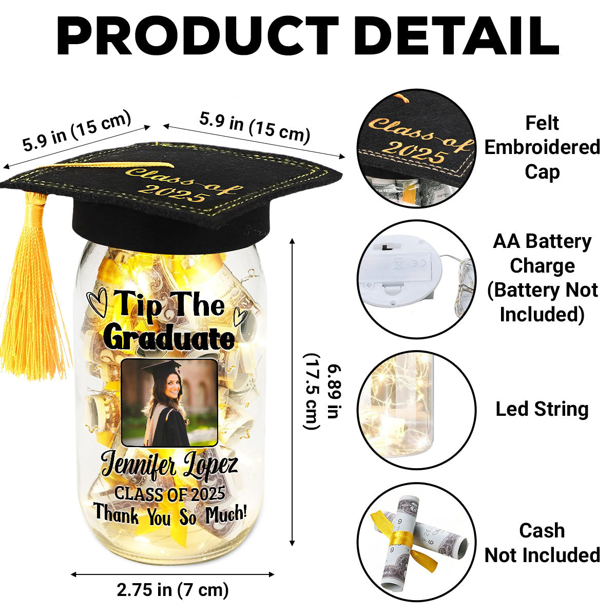 Tip The Graduate Thank You - Personalized Graduation Mason Jar Light