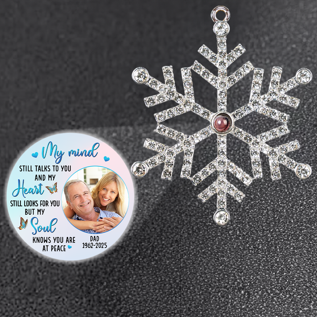 Custom Photo Memorial Christmas Ornament, Sympathy Keepsake • My Mind Still Talks To You - Personalized Photo Snowflake Projection Ornament
