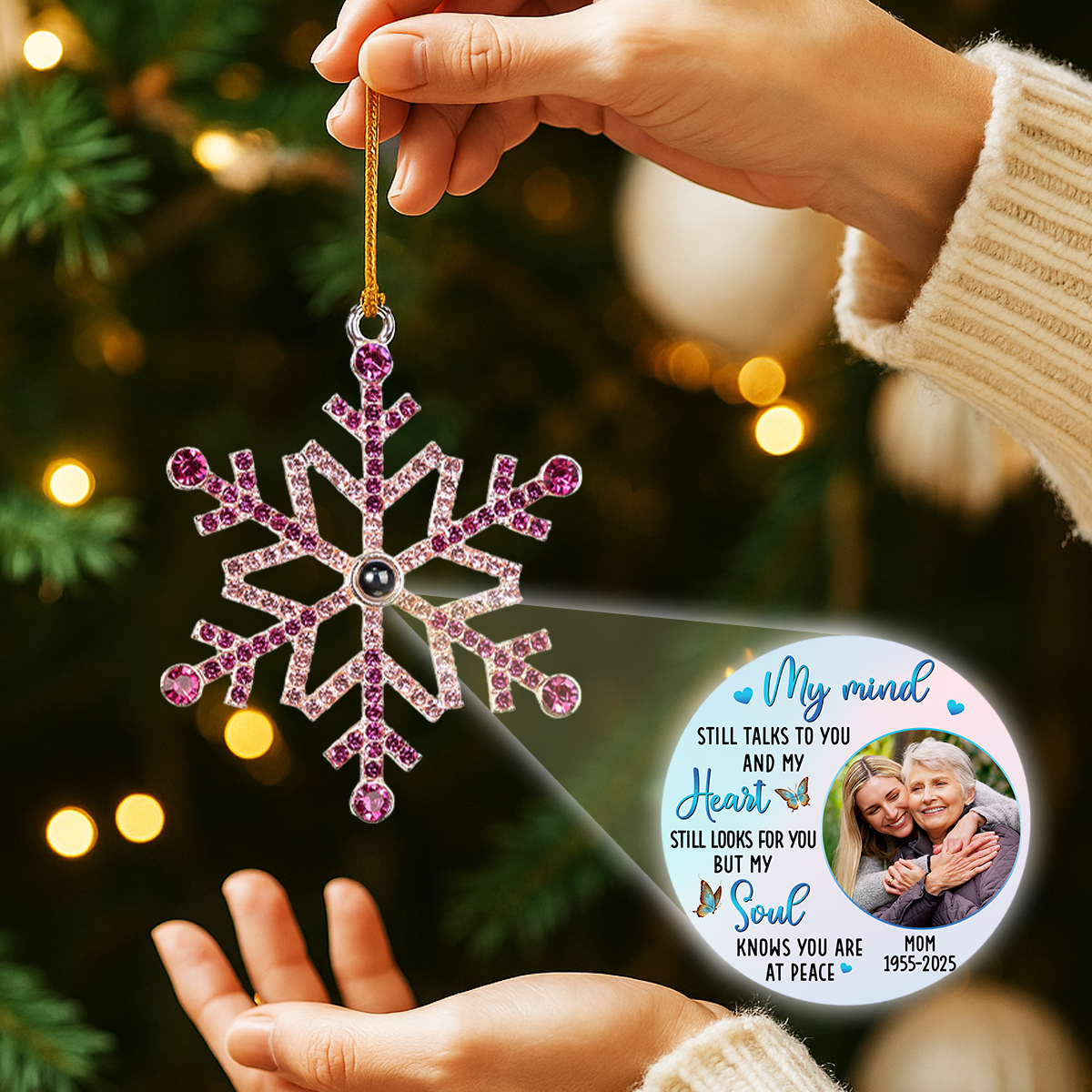 Custom Photo Memorial Christmas Ornament, Sympathy Keepsake • My Mind Still Talks To You - Personalized Photo Snowflake Projection Ornament