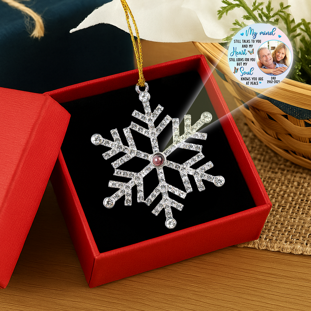 Custom Photo Memorial Christmas Ornament, Sympathy Keepsake • My Mind Still Talks To You - Personalized Photo Snowflake Projection Ornament