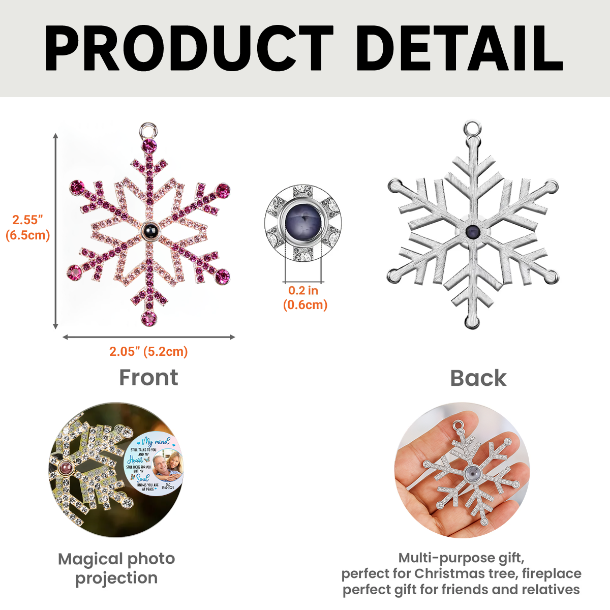 Custom Photo Memorial Christmas Ornament, Sympathy Keepsake • My Mind Still Talks To You - Personalized Photo Snowflake Projection Ornament