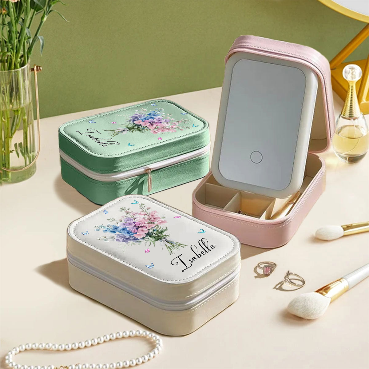 Birth Month Flower - Personalized Jewelry Box With LED Mirror
