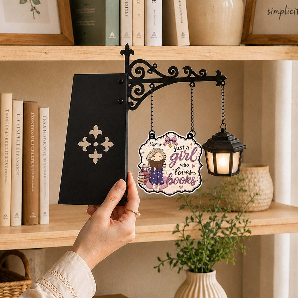 Her Love Language Is Books - Personalized Bookshelf Lantern Light Sign