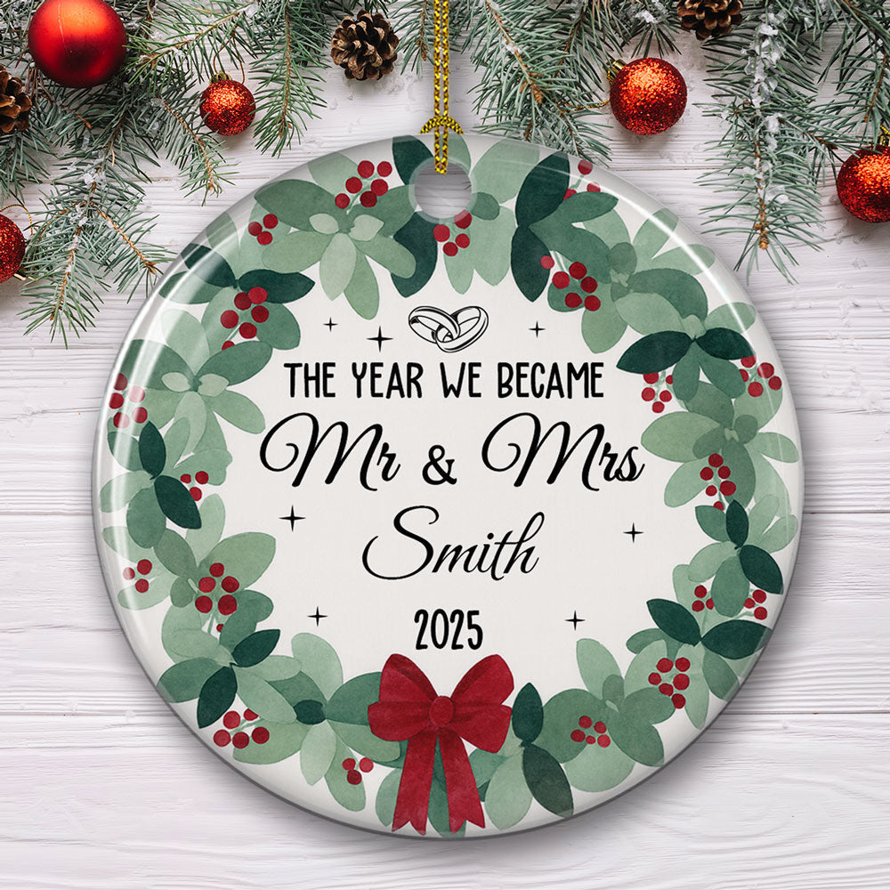 Custom First Christmas Ornament Married, Gift for Newlyweds •  Newlywed Bride Groom - Personalized Ceramic Ornament