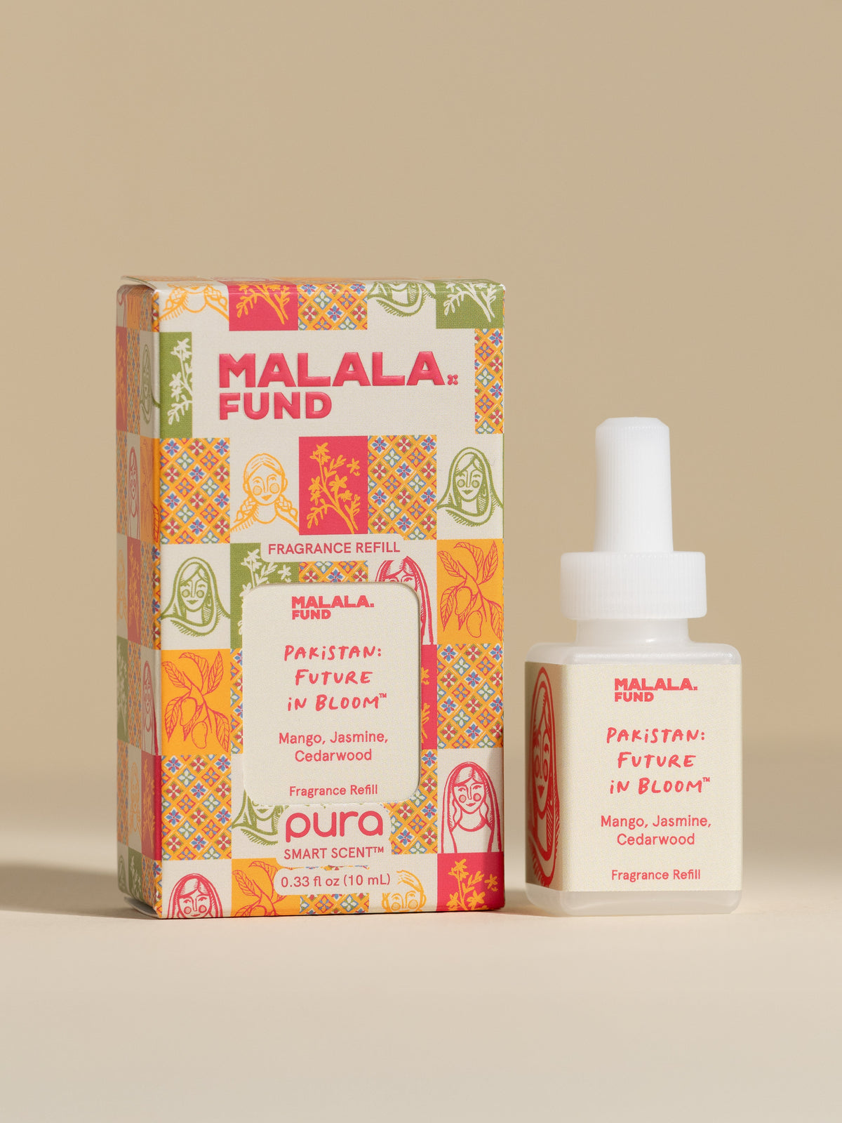 Malala Fund Pakistan Future in Bloom fragrance vial and packaging on a beige background