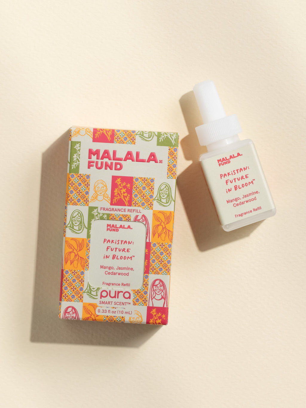Malala Fund Pakistan Future in Bloom fragrance vial and packaging on a beige background
