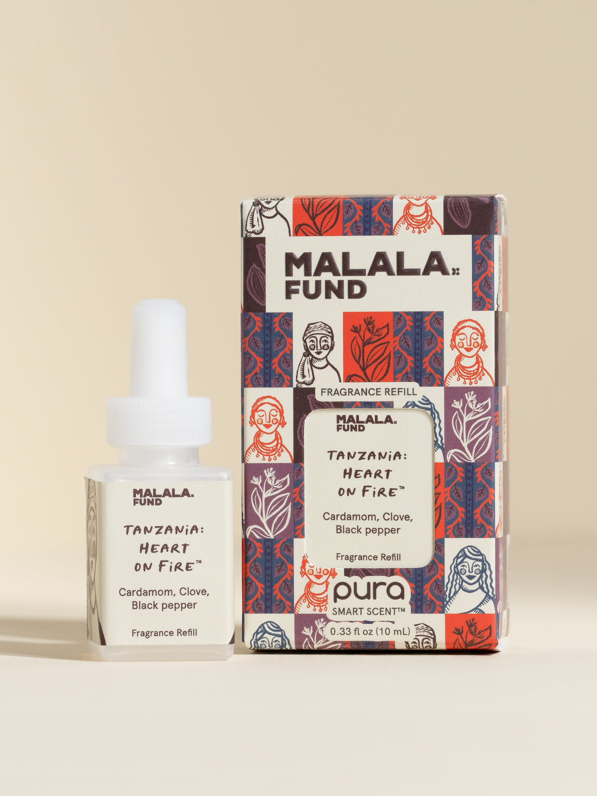 Malala Fund Tanzania Heart on Fire fragrance vial and packaging on a beige background
