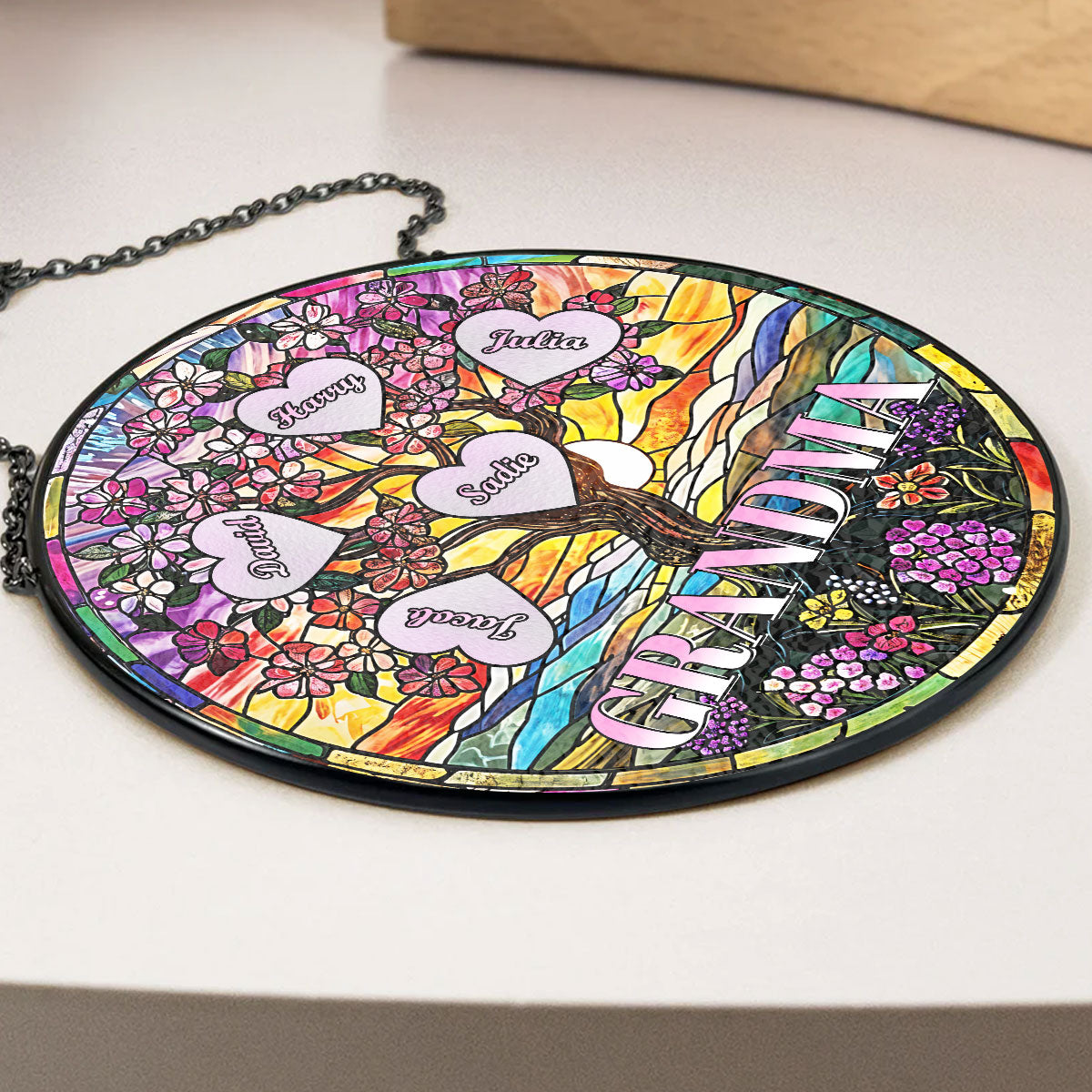 Custom Name Grandma Hanging Decor, Mother's Day Birthday Gifts • Love Grows Here - Personalized Stained Glass Window Hanging Suncatcher