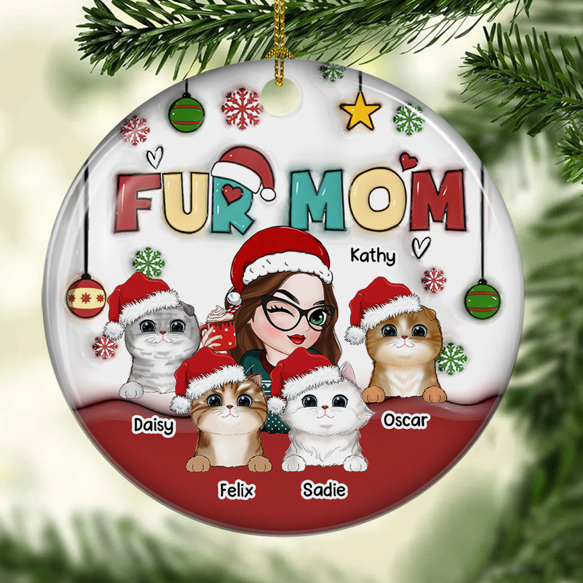 Custom Keepsake Christmas Ornament •  Mom Of Pets- Personalized 3D Inflated Effect Ceramic Ornament