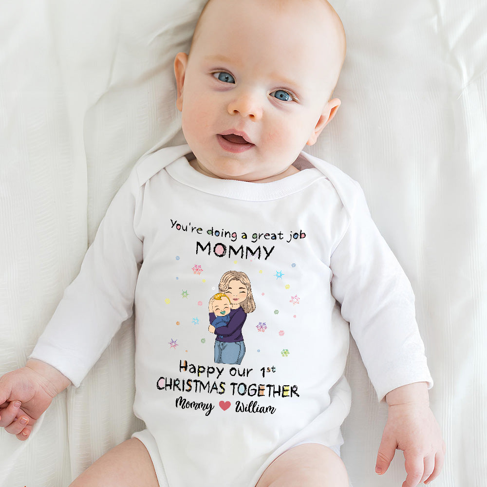 Mommy Doing A Great Job Merry Christmas - Personalized Long Sleeve Baby Onesie