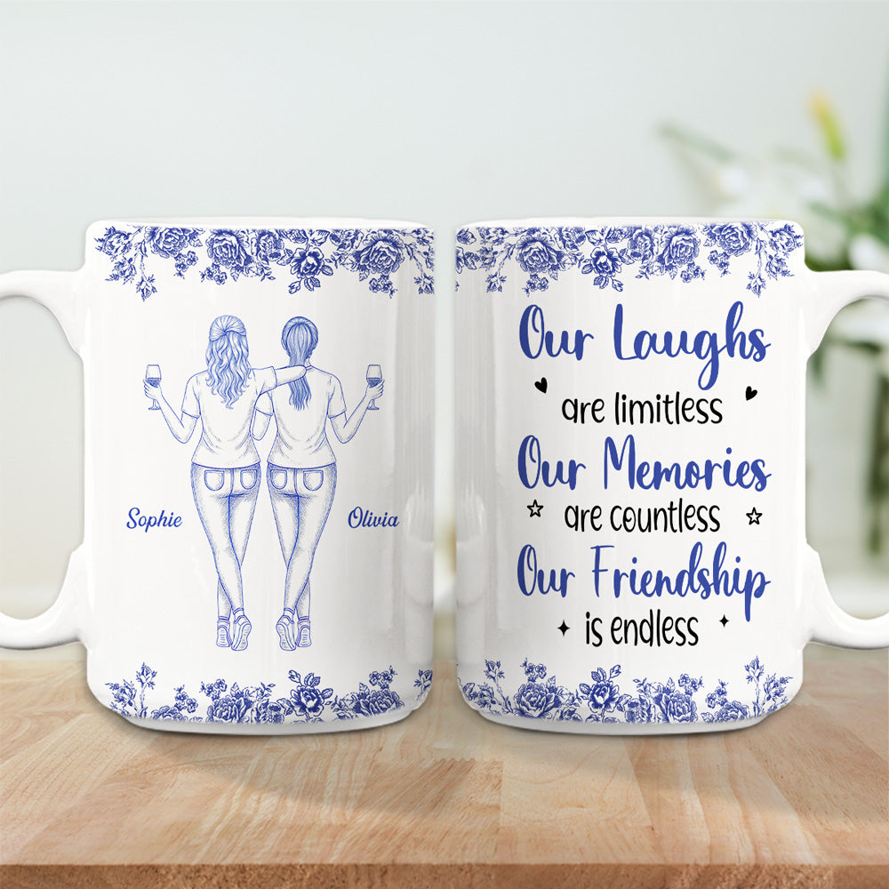 Custom Best Friend, Christmas & Birthday Friendship Keepsake Gift • Our Laughs Are Limitless Blue Toile Ver 2 - Personalized Coffee Mug