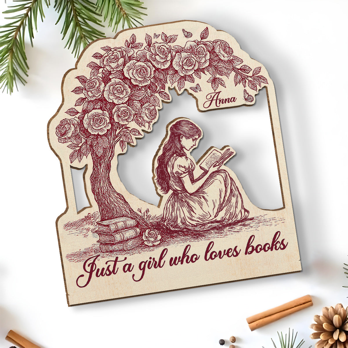 Custom Christmas Book Nook Decor For Bookworms, Book Lovers, Readers • Just A Girl Loves Book - Personalized 2-Layer Wood Plaque With Flat Base