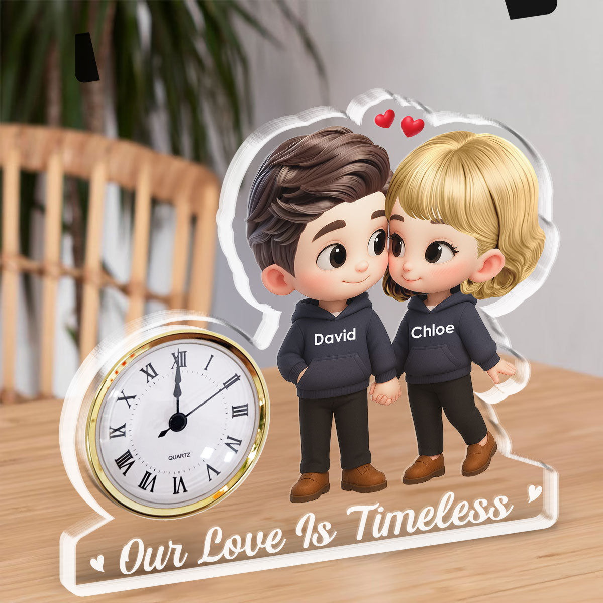 Custom Couple's Decor, Anniversary & Wedding Gift • Cartoon Couple Holding Hands - Personalized Acrylic Desk Clock Plaque