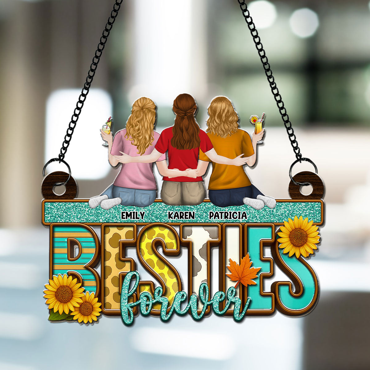 Custom Best Friend Hanging Decor, Friendship Birthday Gifts • Besties Fall Season - Personalized Suncatcher