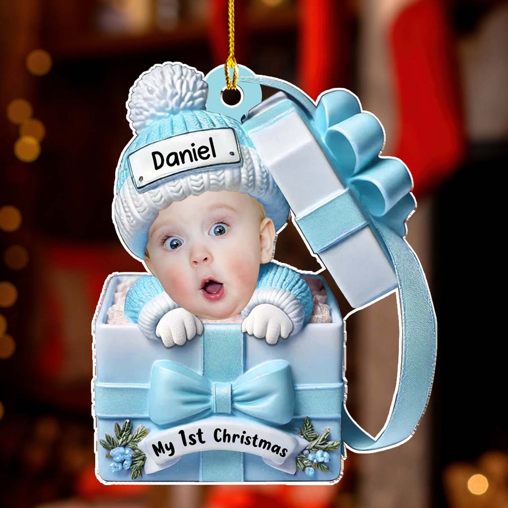 Custom Photo Baby Christmas Ornament for New Parents • Baby Inside Gift Box - Personalized Acrylic Ornament