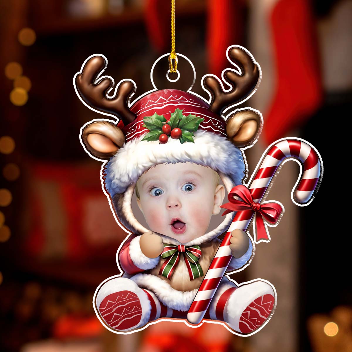 Custom Photo Baby Christmas Ornament for New Parents • Baby Reindeer Christmas - Personalized Acrylic Ornament