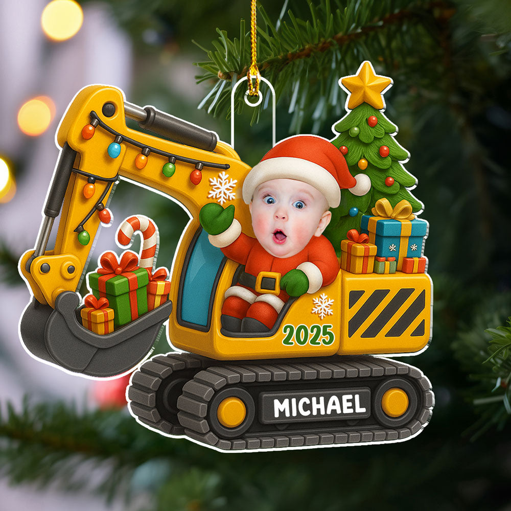 Custom Photo Baby Christmas Ornament for New Parents • Baby On Excavator - Personalized Acrylic Ornament