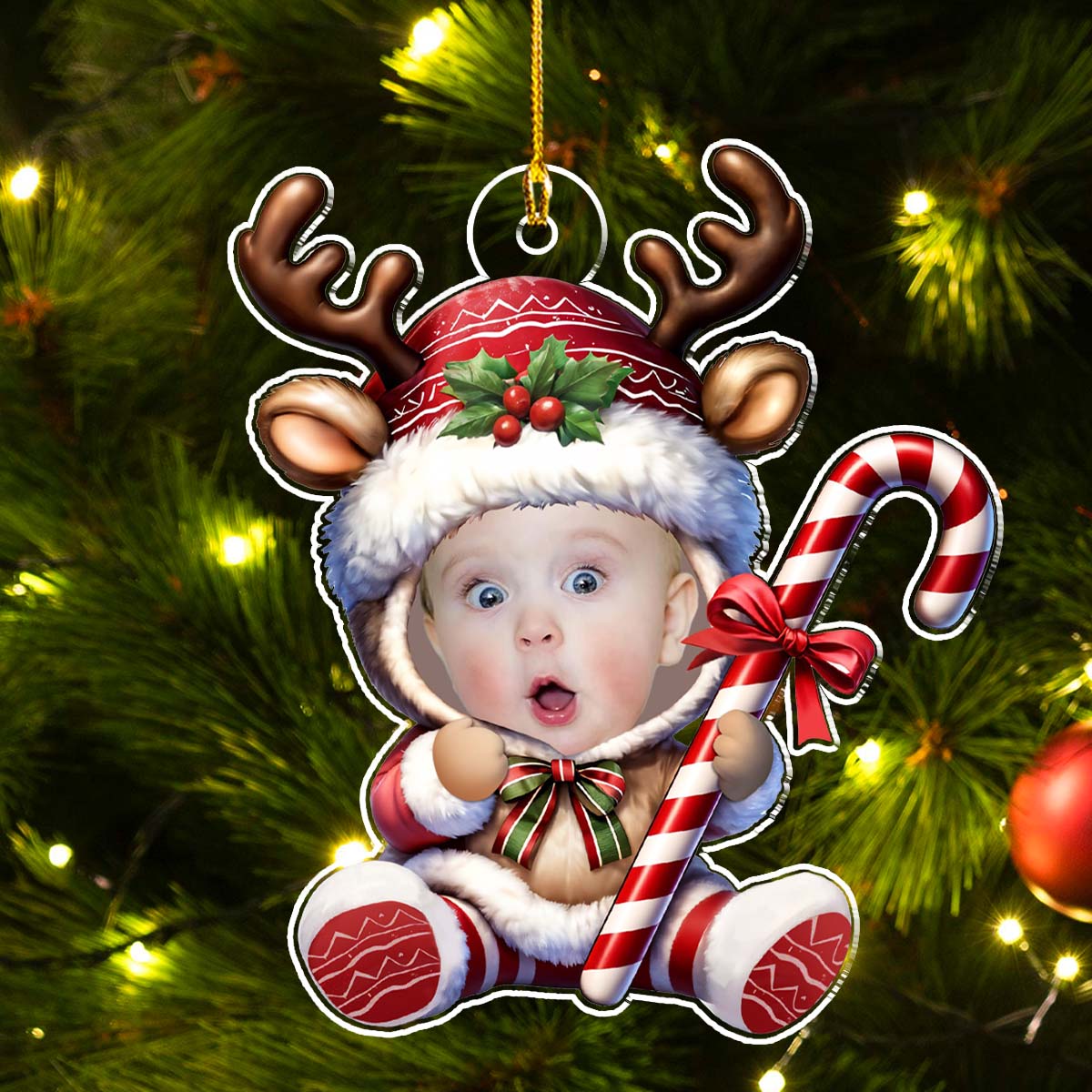 Custom Photo Baby Christmas Ornament for New Parents • Baby Reindeer Christmas - Personalized Acrylic Ornament
