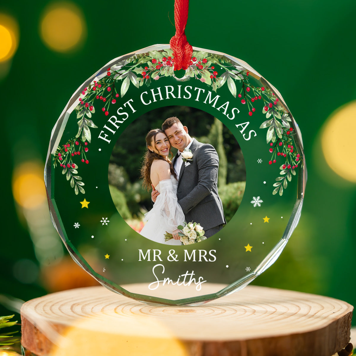 Custom Photo First Christmas Ornament Married, Gift for Newlyweds • First Time - Personalized Glass Ornament