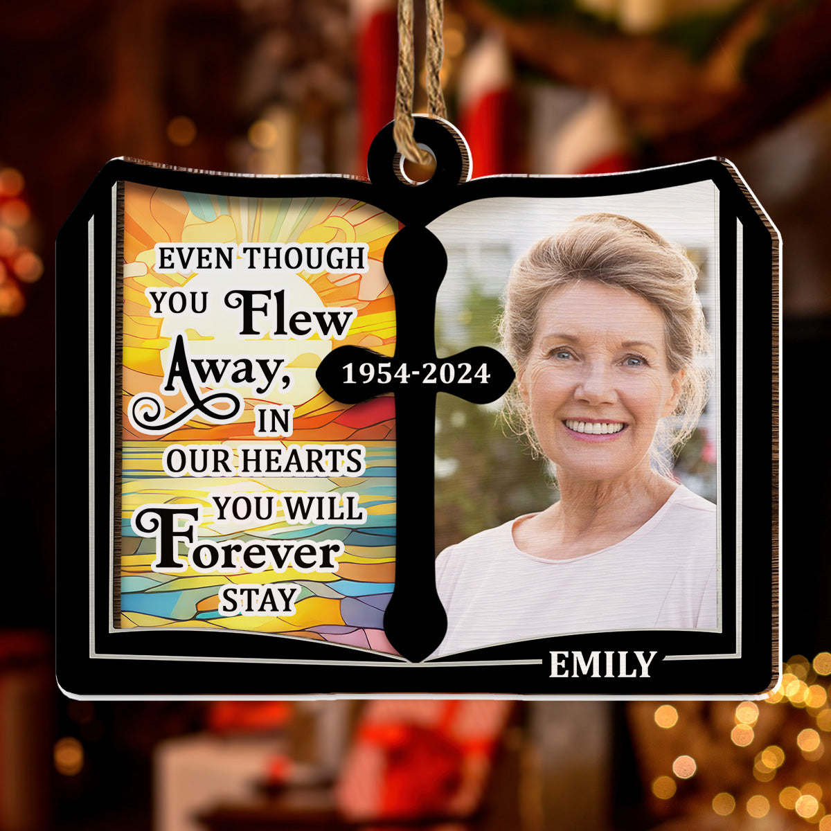 Custom Photo Memorial Christmas Ornament, Sympathy Keepsake • Even Though You Flew Away - Personalized Wood And Acrylic Ornament