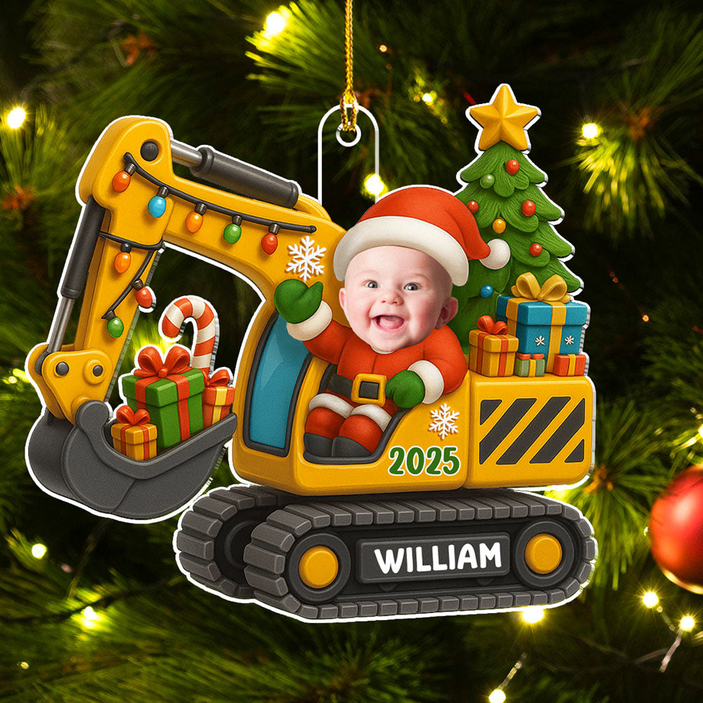 Custom Photo Baby Christmas Ornament for New Parents • Baby On Excavator - Personalized Acrylic Ornament