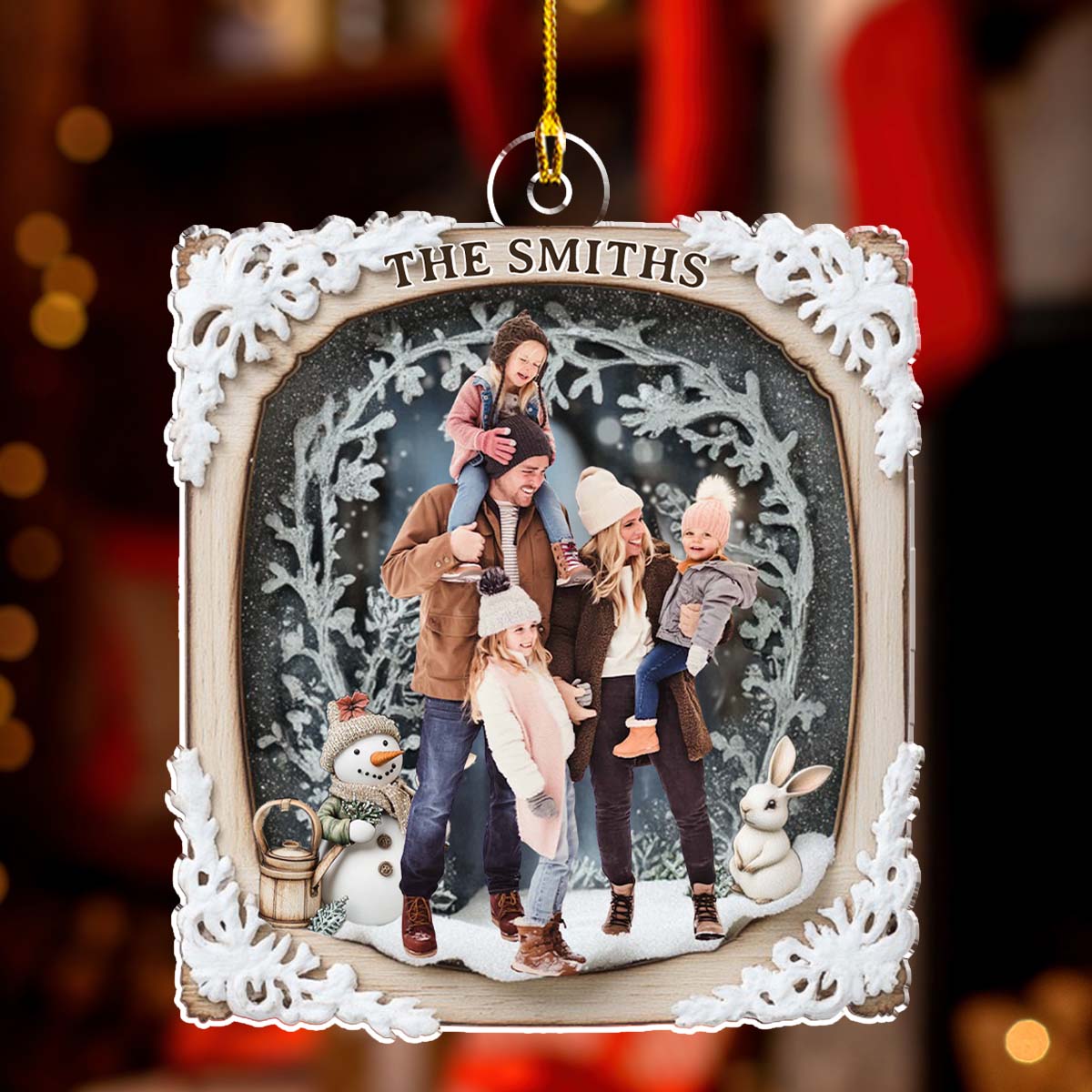 Custom Photo Family Ornament, Christmas Gift for Family Members • Snow Rabbit Family Photo - Personalized Acrylic Ornament