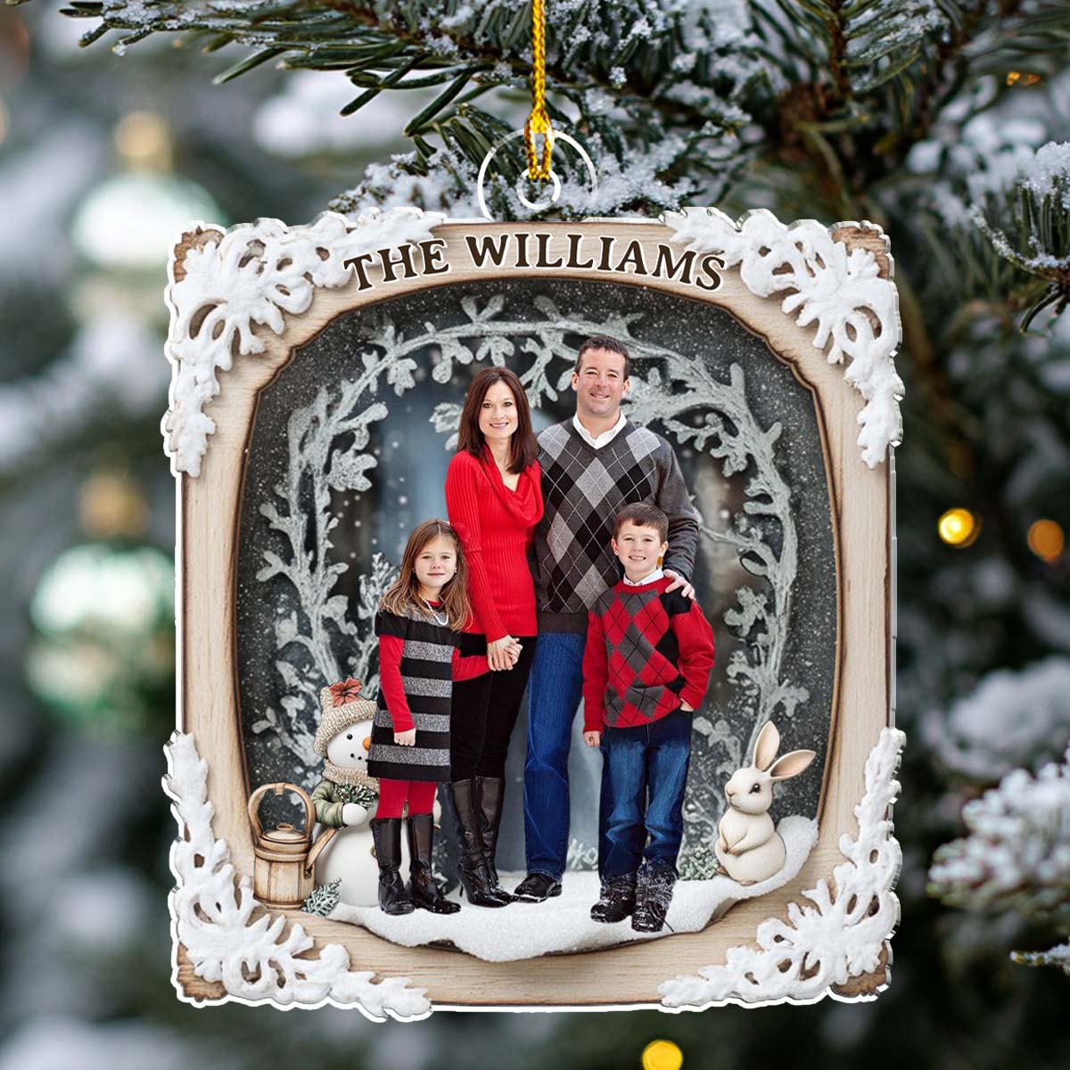 Custom Photo Family Ornament, Christmas Gift for Family Members • Snow Rabbit Family Photo - Personalized Acrylic Ornament