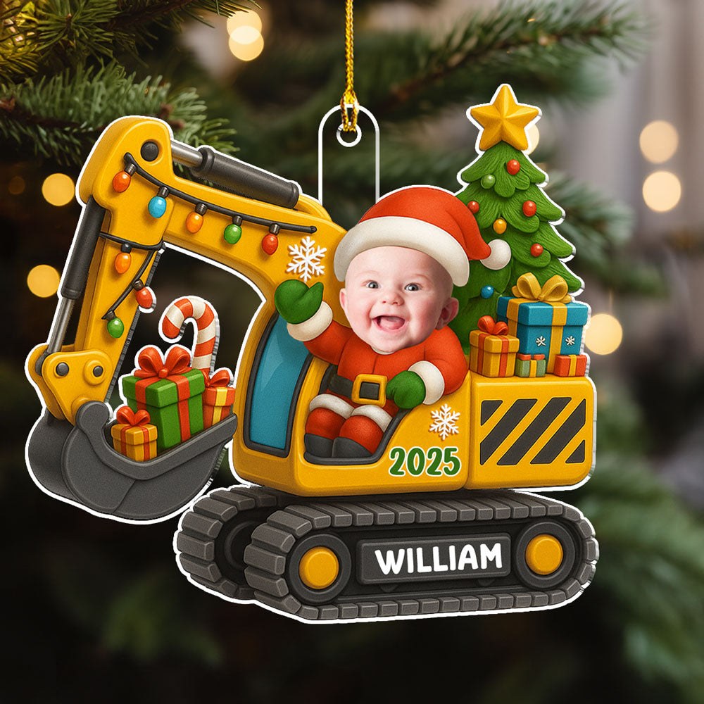Custom Photo Baby Christmas Ornament for New Parents • Baby On Excavator - Personalized Acrylic Ornament