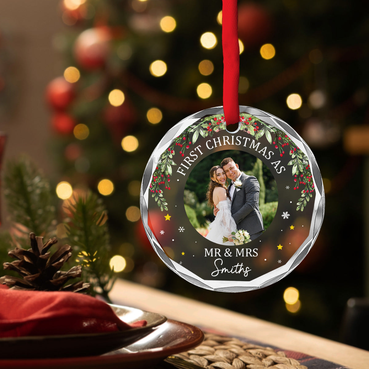Custom Photo First Christmas Ornament Married, Gift for Newlyweds • First Time - Personalized Glass Ornament
