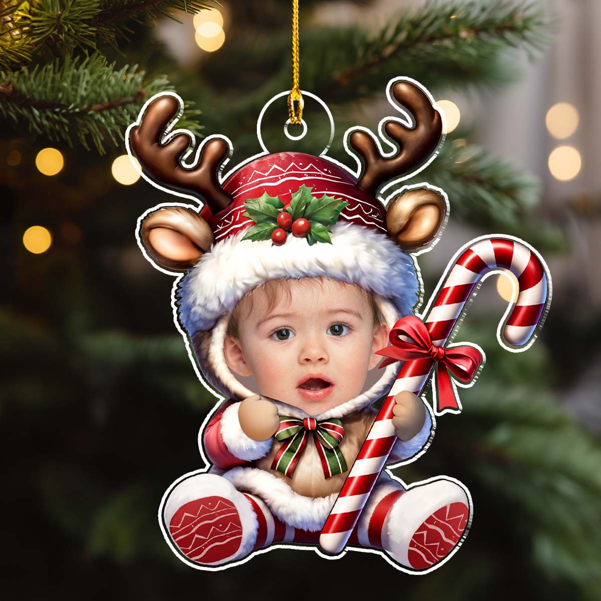 Custom Photo Baby Christmas Ornament for New Parents • Baby Reindeer Christmas - Personalized Acrylic Ornament