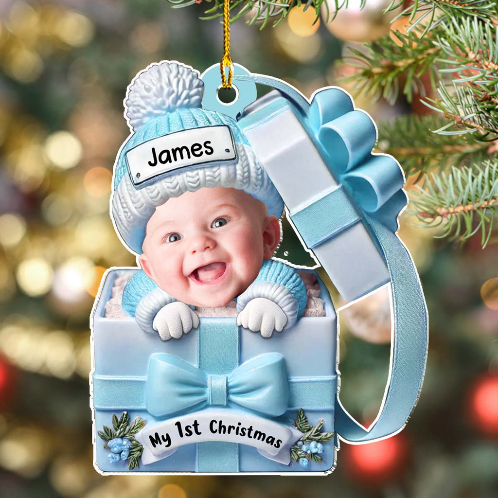 Custom Photo Baby Christmas Ornament for New Parents • Baby Inside Gift Box - Personalized Acrylic Ornament