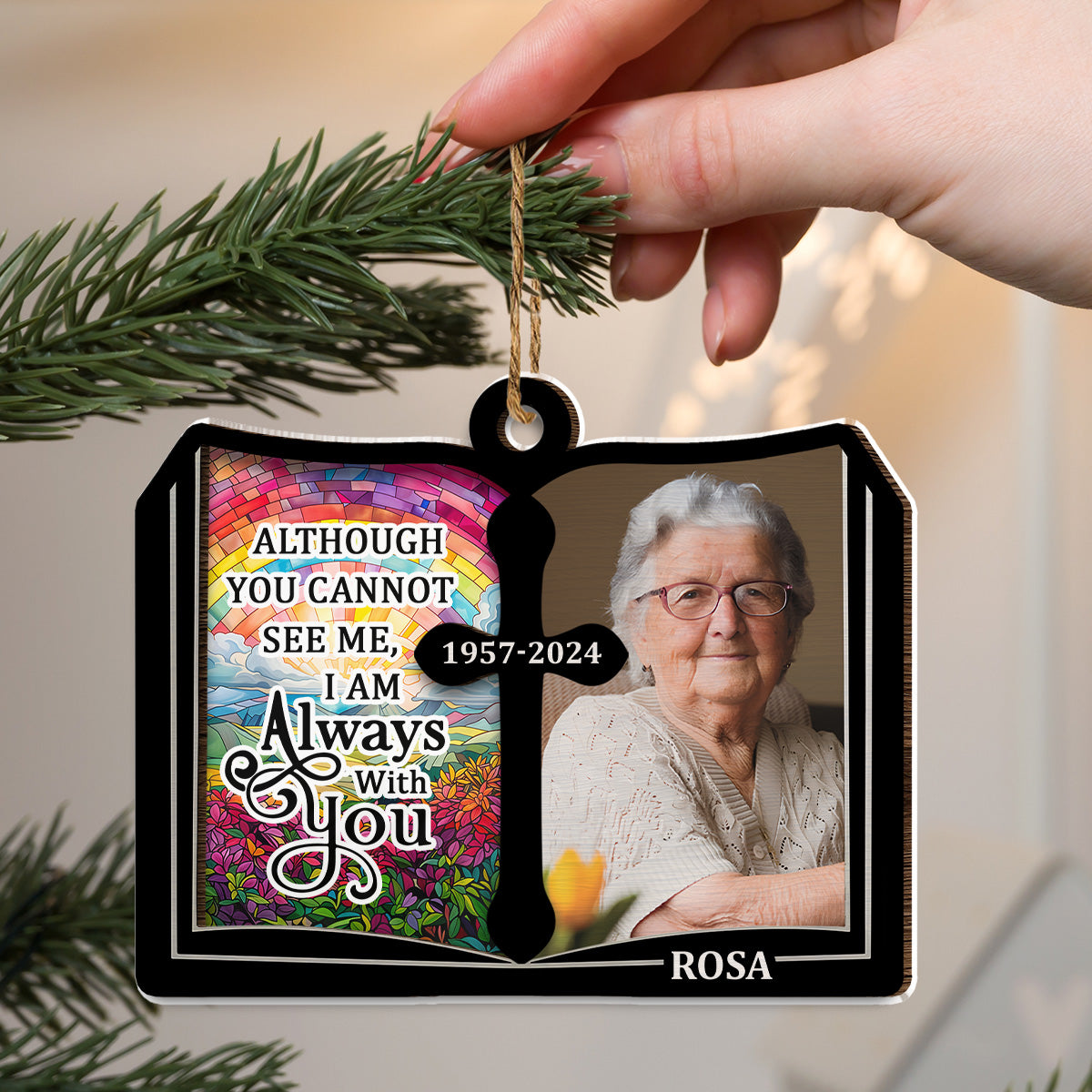 Custom Photo Memorial Christmas Ornament, Sympathy Keepsake • Even Though You Flew Away - Personalized Wood And Acrylic Ornament