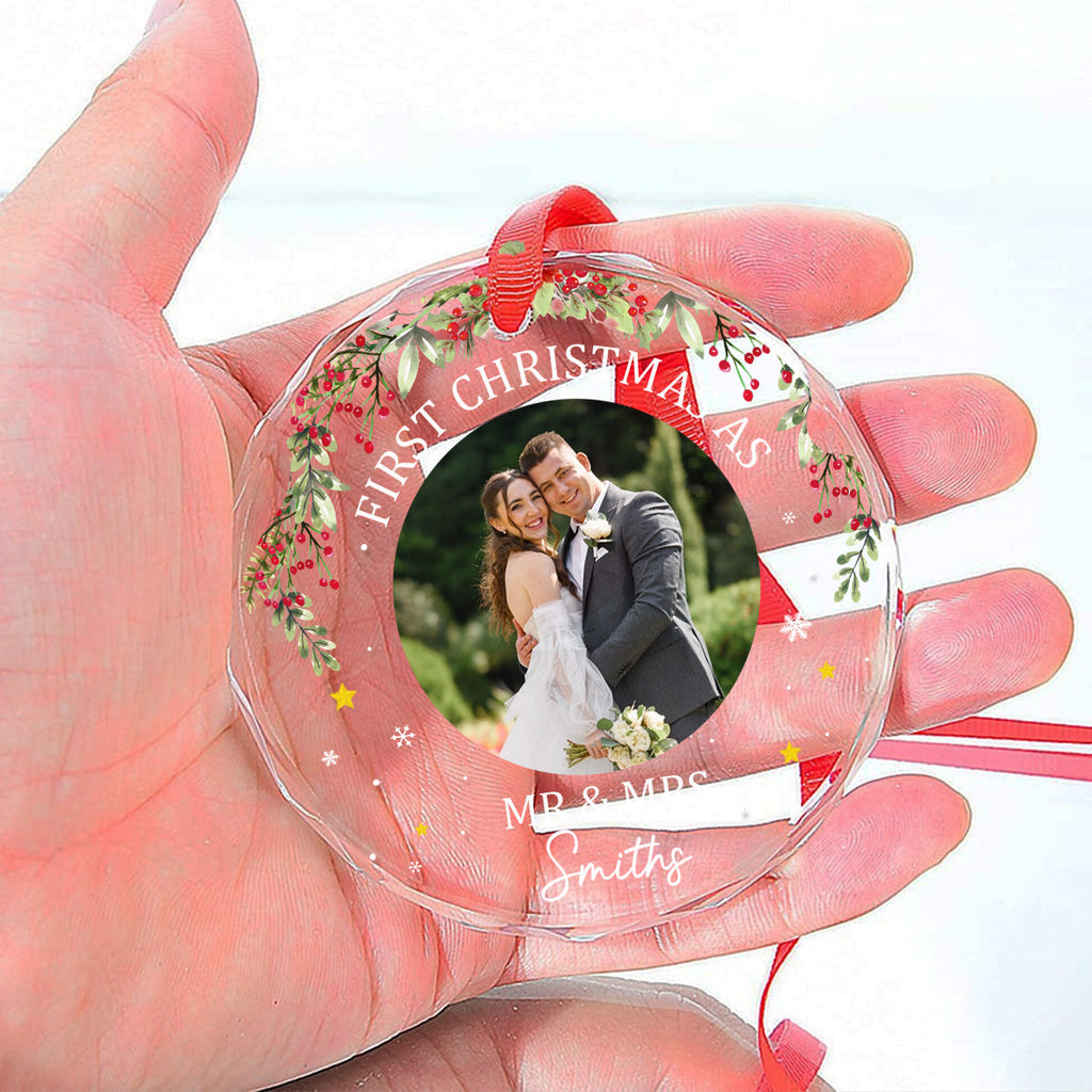 Custom Photo First Christmas Ornament Married, Gift for Newlyweds • First Time - Personalized Glass Ornament