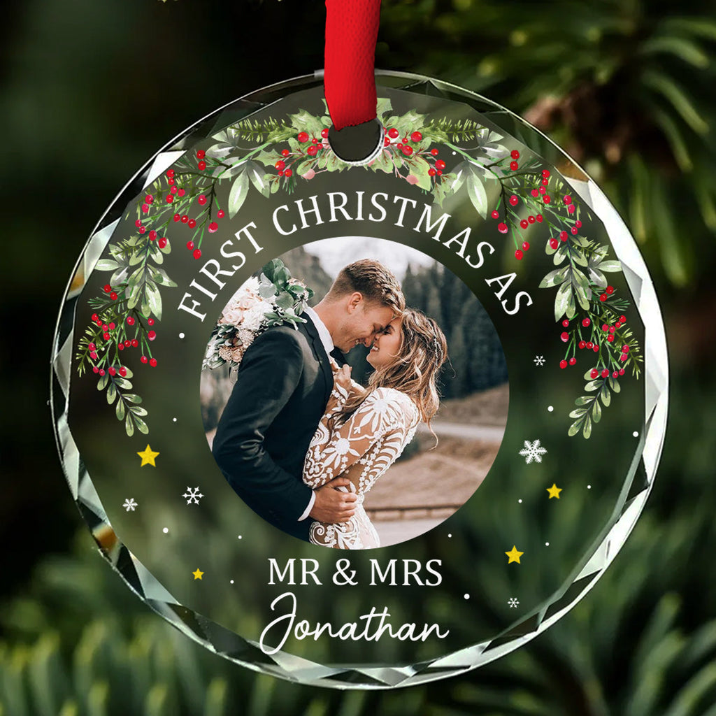 Custom Photo First Christmas Ornament Married, Gift for Newlyweds • First Time - Personalized Glass Ornament